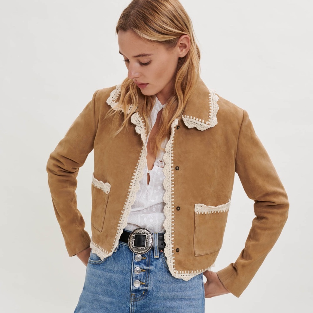 Maje Bicoti Crochet Trim Suede Jacket 36